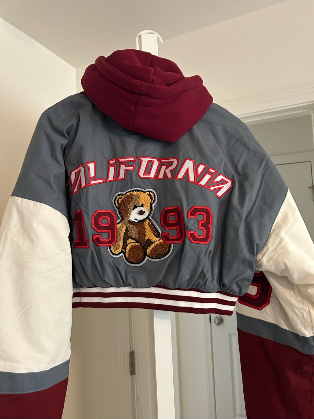 Fashion Nova Gray & Burgundy Cropped Varsity Jacket